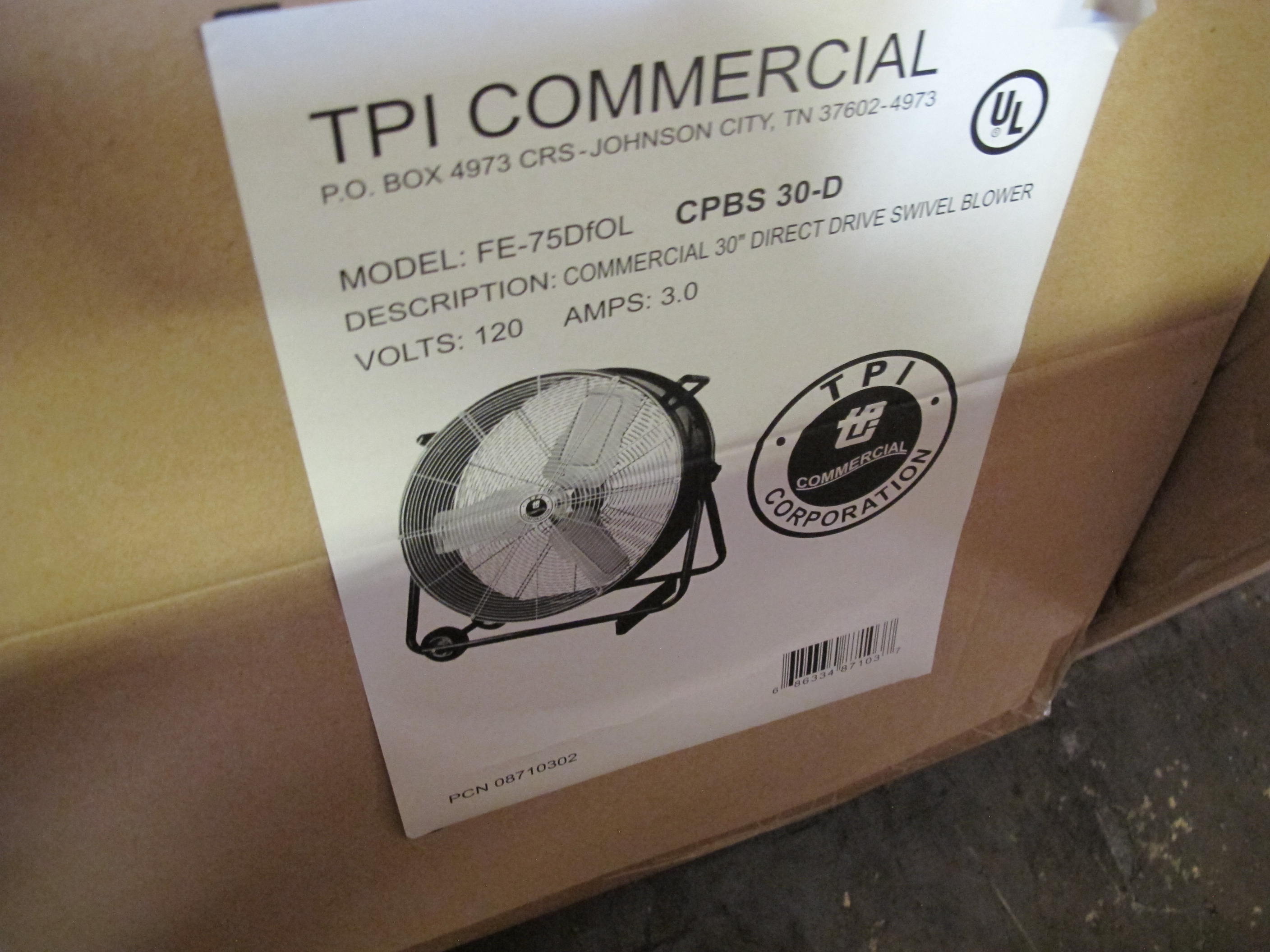 TPI COMMERCIAL FAN BLOWER, 30" MODEL # FE-75DFOL --OR-- CPBS-30-D. LOADING & HANDLING FEE $15-4063